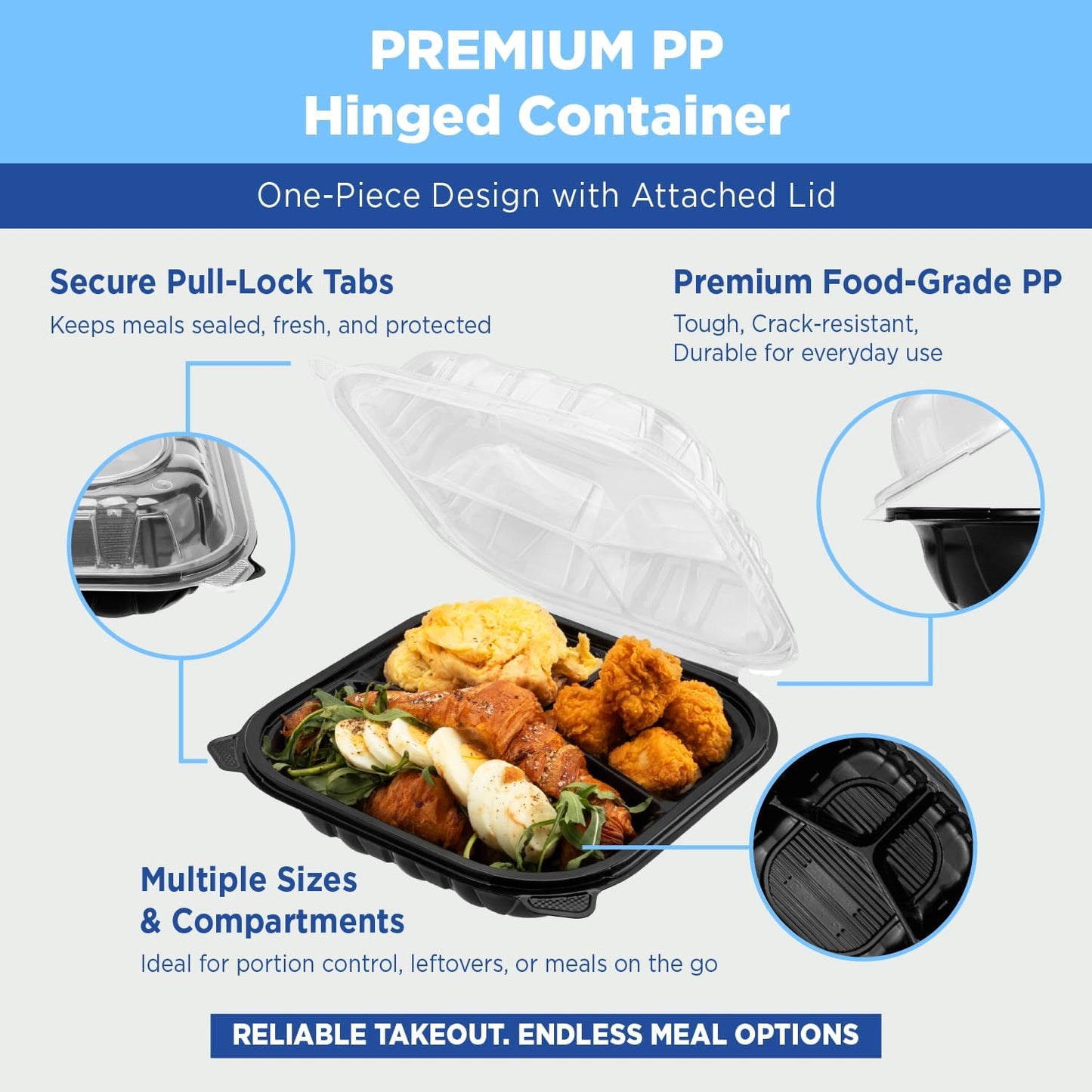Karat Premium PP Hinged Container [150 ct], Take Out Food Containers - Case (9"x9", 3 compartments)