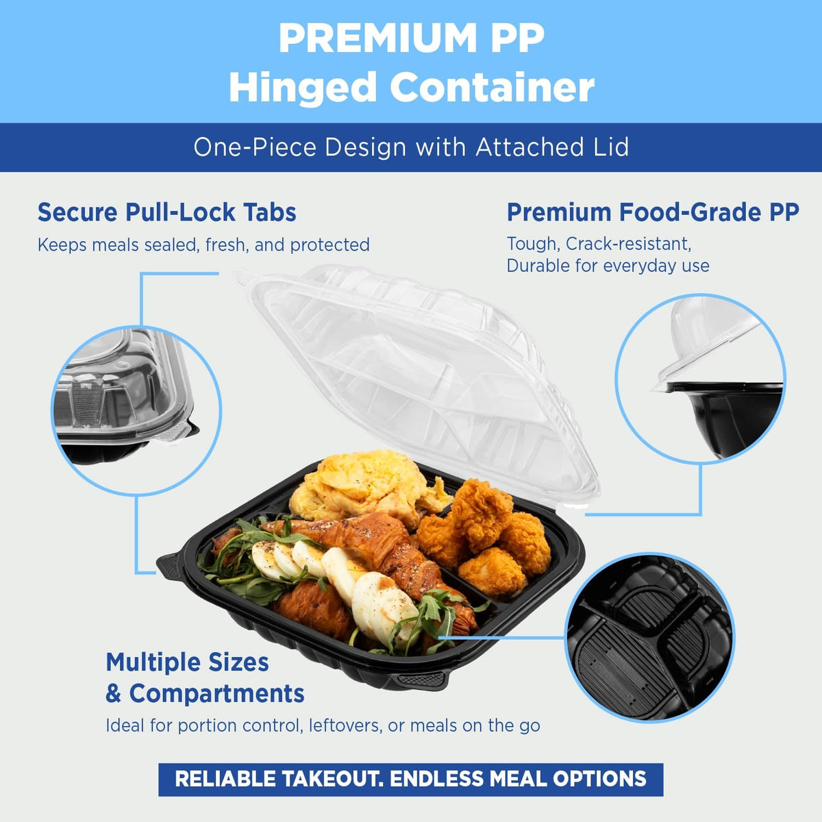 Karat Premium PP Hinged Container [150 ct], Take Out Food Containers - Case (9"x9", 3 compartments)