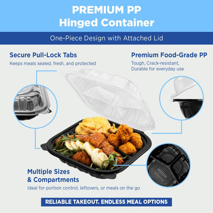 Karat Premium PP Hinged Container [150 ct], Take Out Food Containers - Case (9"x9", 3 compartments)