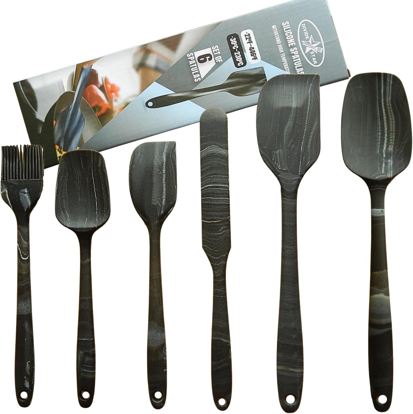 Silicone Marbled Spatula Set of 6, Black | 446F Heat-Resistant, One-Piece Steel Core, Non-Stick, Dishwasher Safe