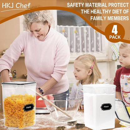 HKJ Chef 4 Pack Large Airtight Food Storage Containers with Lids (5.2L / 176oz), BPA Free Plastic Kitchen and Pantry Organization Contianers for Cereal Flour and Sugar Storage, Labels & Marker
