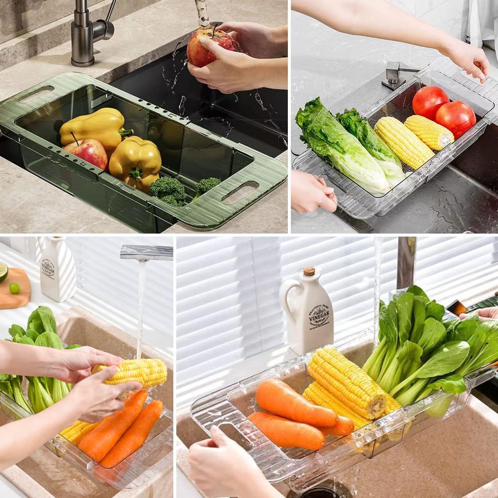Over the Sink Colander Strainer Basket, Expandable Multifunctional Plastic Colander, Adjustable Drainer Basket, Wash Vegetables and Fruits, Drain Cooked Pasta and Dry Dishes - Green