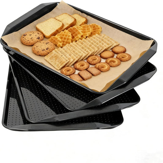 TP 17x12 Inch Plastic Serving Trays Set of 4, Durable Serving Platters with Anti-Slip Dots, BPA-Free Stackable Food Tray for Party, Family Gathering, BBQ,Black