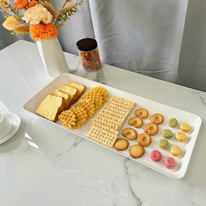 Serving Tray Platter Rectangle, 4 Pcs Long Narrow Food Tray for Veggie Fruit Snack Dessert, Plastic White Food Trays for Party Supplies Display, Rectangular Platters for Serving Food, BPA Free