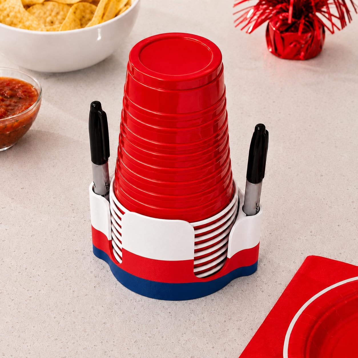 Party Cup Dispenser with Marker Holder – Stackable Plastic Cup Organizer for Parties, Events, BBQs, Picnics, Graduations & Drink Stations, Cup and Marker Caddy, Black (Red)