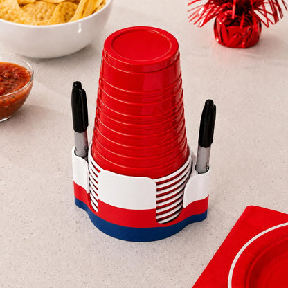 Party Cup Dispenser with Marker Holder – Stackable Plastic Cup Organizer for Parties, Events, BBQs, Picnics, Graduations & Drink Stations, Cup and Marker Caddy, Black (Red)
