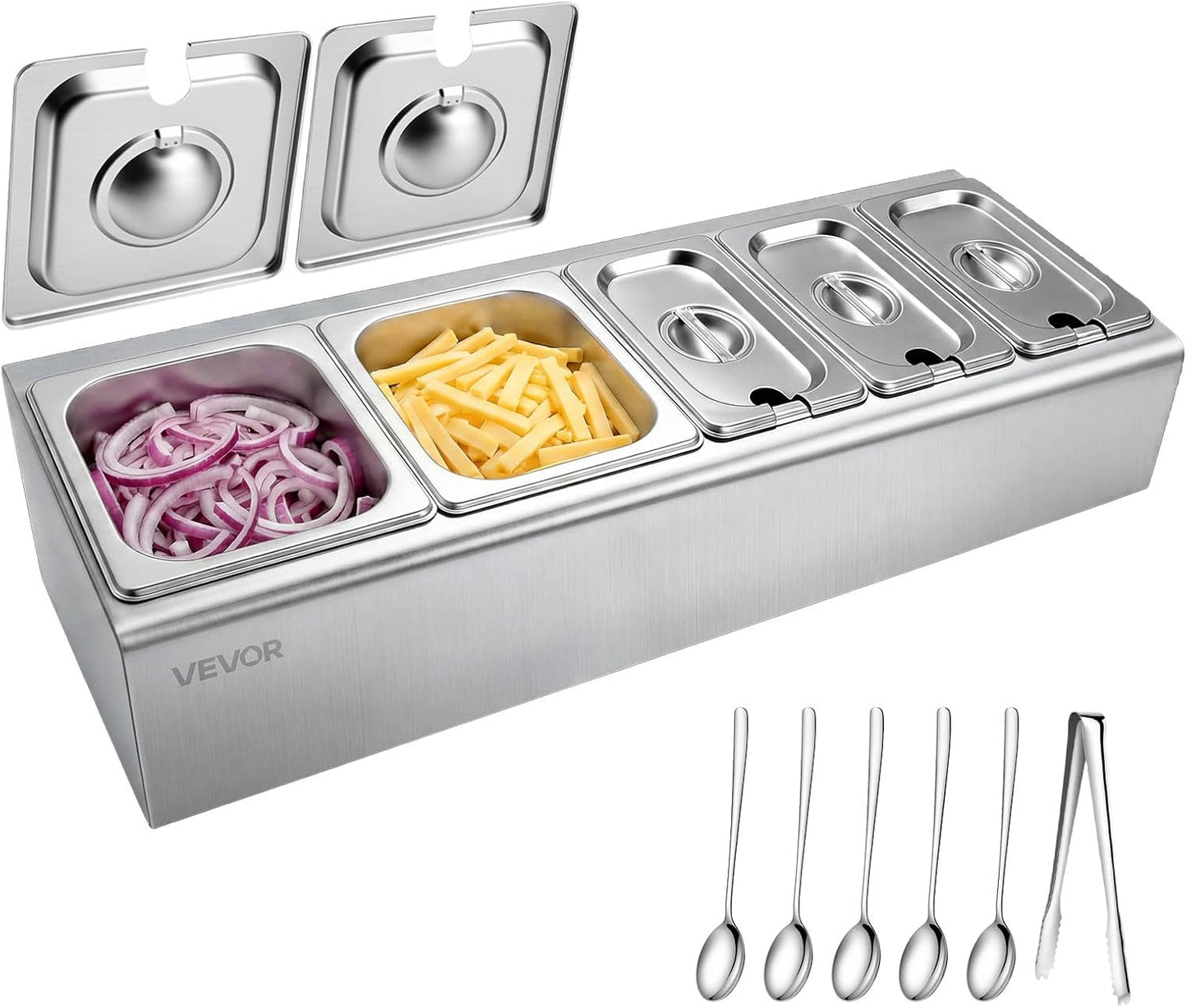 VEVOR Chilled Condiment Server Caddy, 5 Compartment Ice Cooled Serving Container, Plastic Fruit Garnish Tray Platter with Lid, for Taco Salad Bar Accessories, Party Home Restaurant Supplies