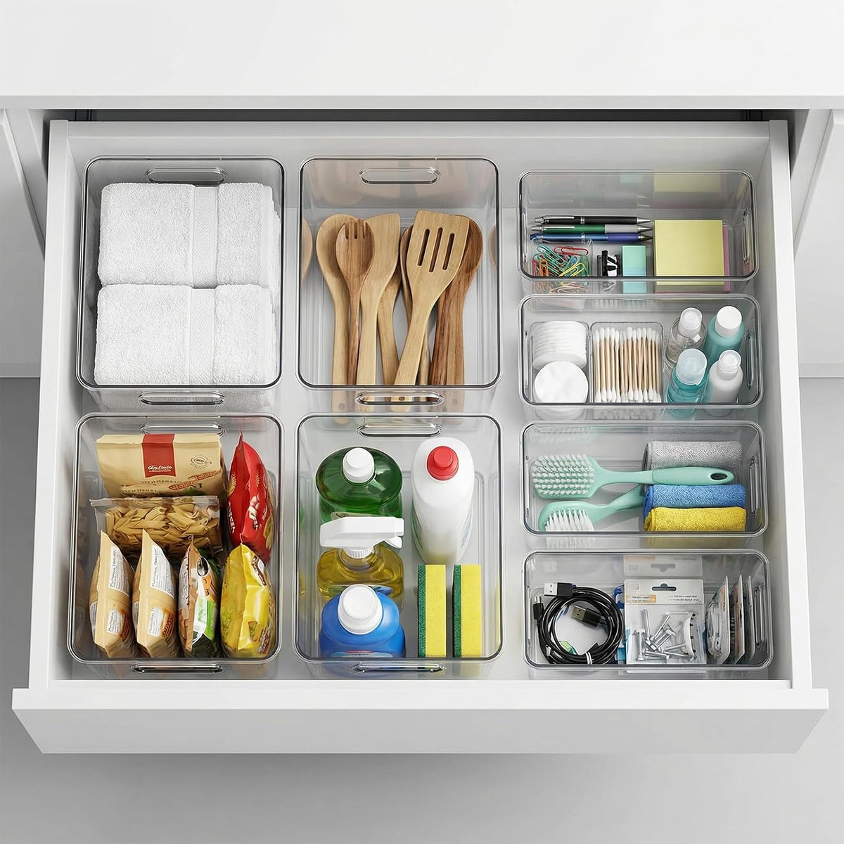 MOONEDGE 6 Pack Clear Organizer Bins 11x8x6in Pantry Organizers and Storage | Clear Containers for Organizing, Plastic Storage Bins with Handles for Drawer, Craft, Fridge, Kitchen Cabinet Shelf