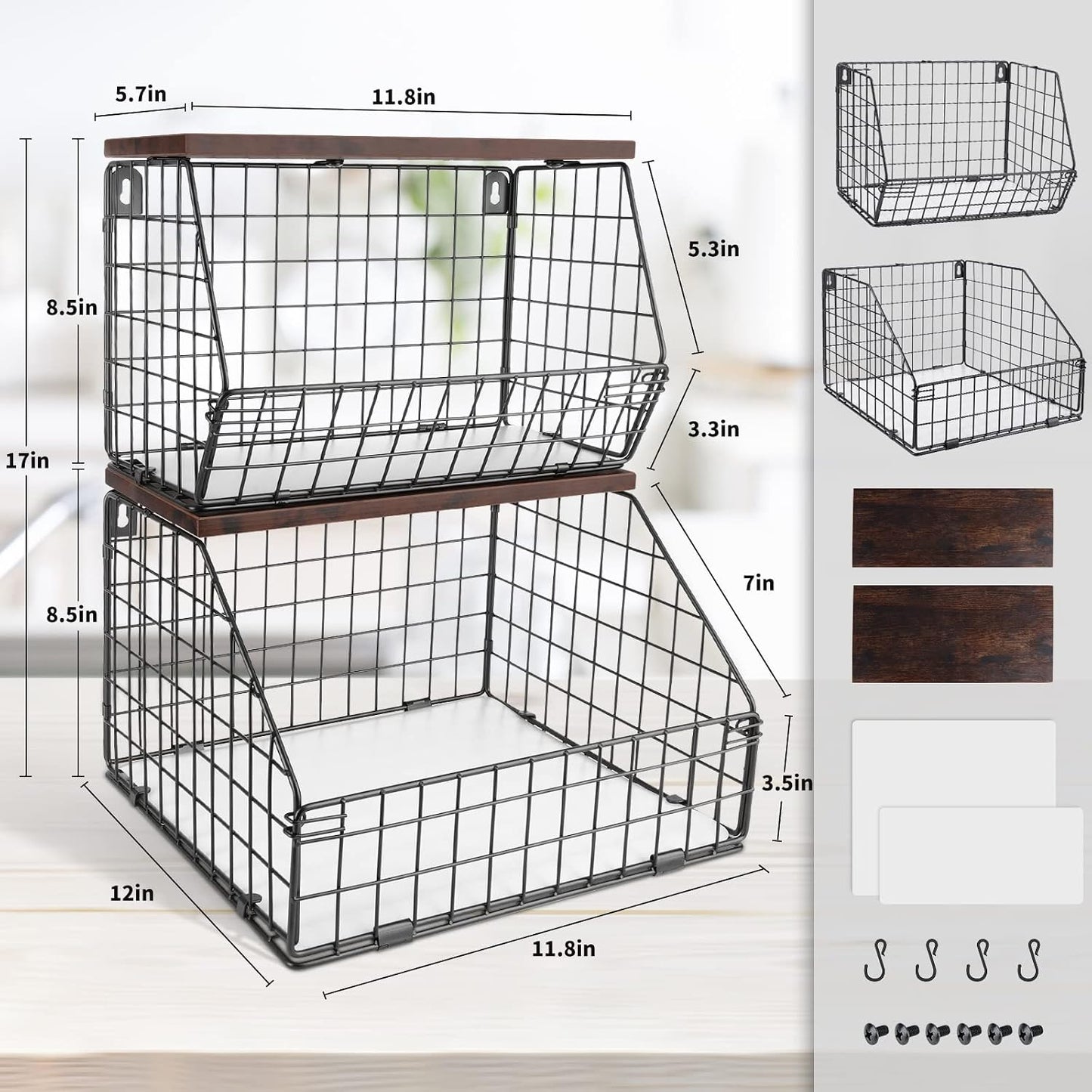 Mefirt Fruit Basket, 2-Tier Fruit Bowl for Kitchen Counter, Stackable Wall Mounted Fruit Storage, Snack Organizer, Potato and Onion Storage Basket, Hanging Pantry Storage with Wood Lid, 2 Set, White