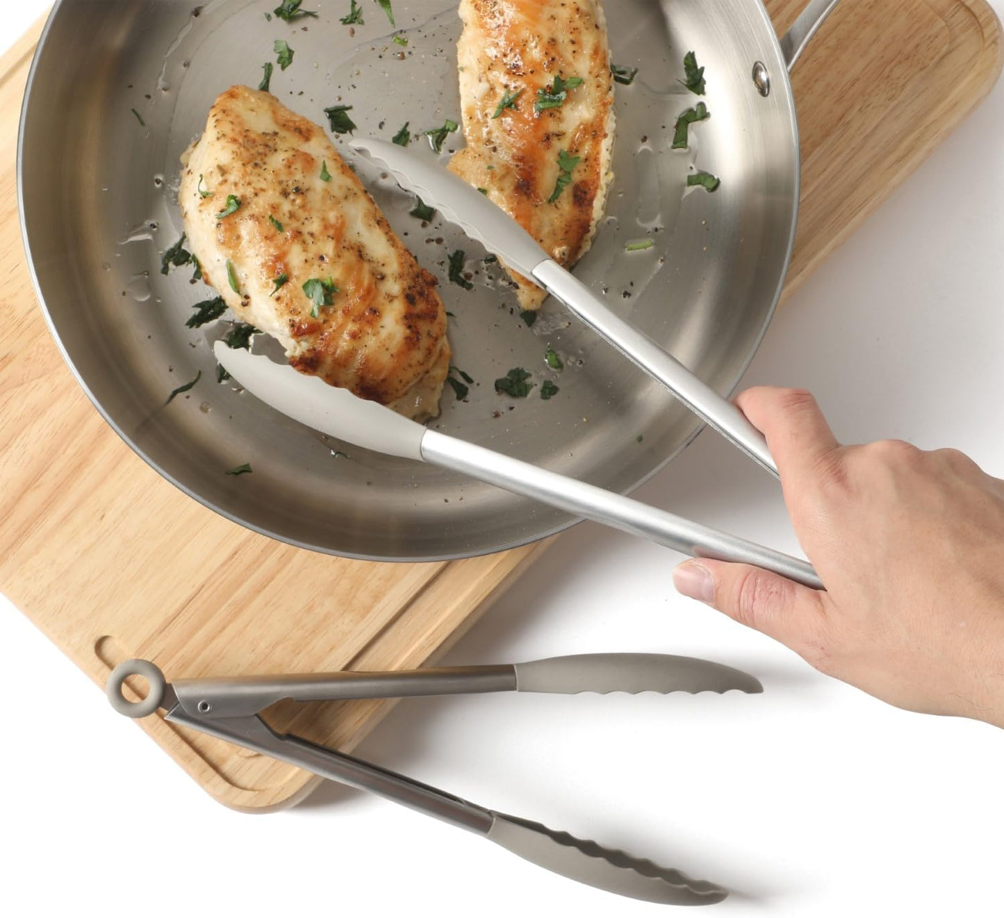 Calphalon Edge Tongs Set, 2-Piece Stainless Steel Kitchen Tongs Set with Silicone Heads, Includes 9-Inch & 12-Inch Heat-Resistant Locking Tongs for Cooking, Grilling & Serving, Taupe