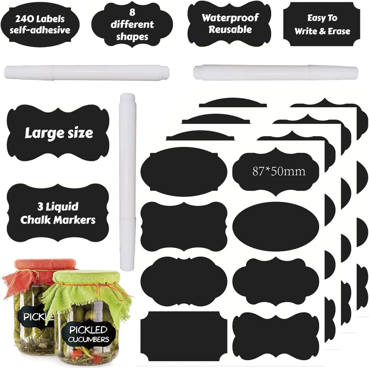 Chalkboard Labels 180 Pcs Waterproof Reusable Label for Food Containers Chalk Sticker Labels with 2 Liquid Chalk Markers for Mason Jars, Parties Decoration, Craft Rooms, Storage, Home, Kitchen