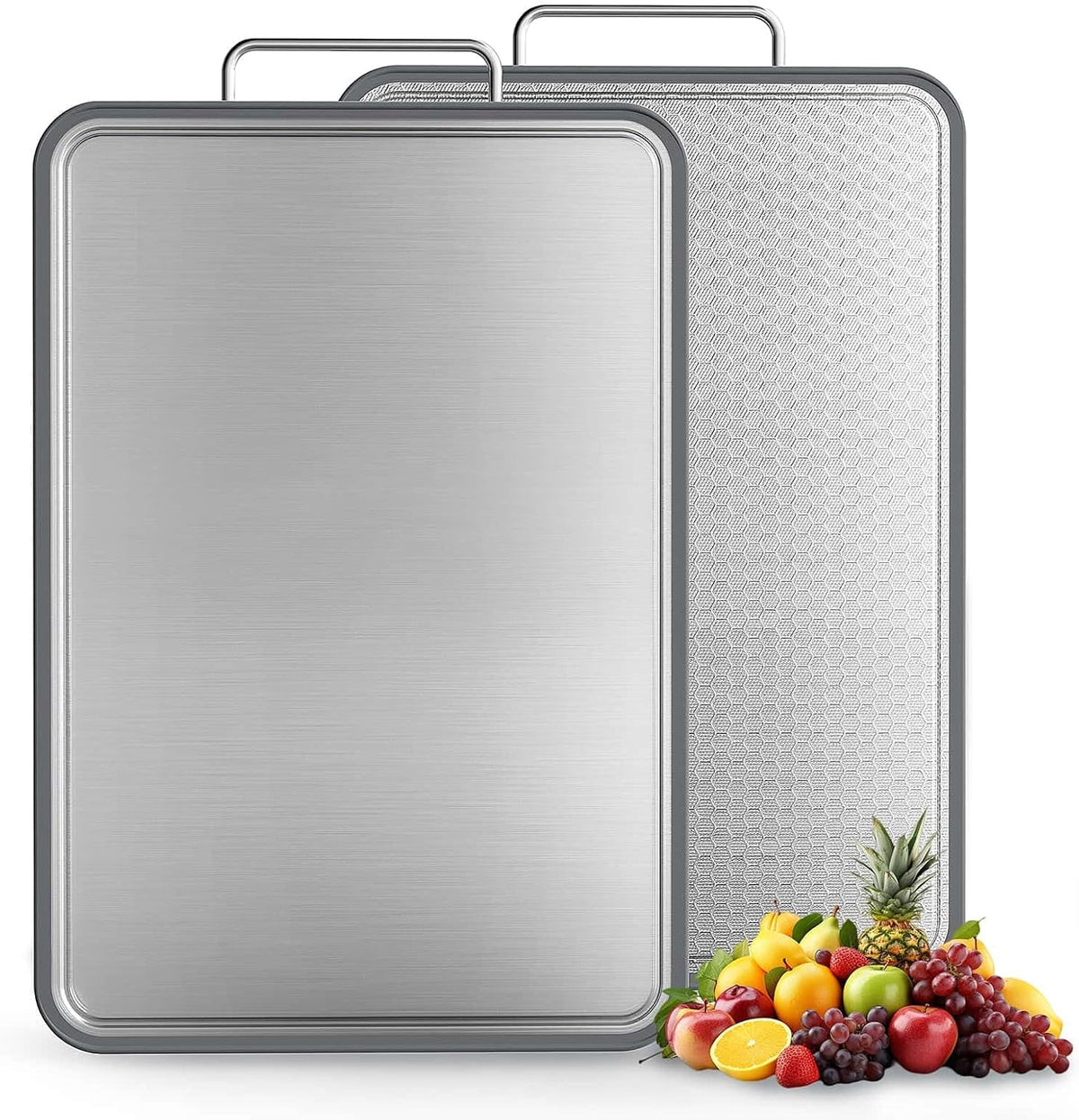 304 Stainless Steel Cutting Board 16''×11'' – Double-Sided Kitchen Chopping Board for Meat, Fruits & Vegetables, Rust-Resistant Steel Cutting Board with Dual Juice Grooves, Easy to Clean