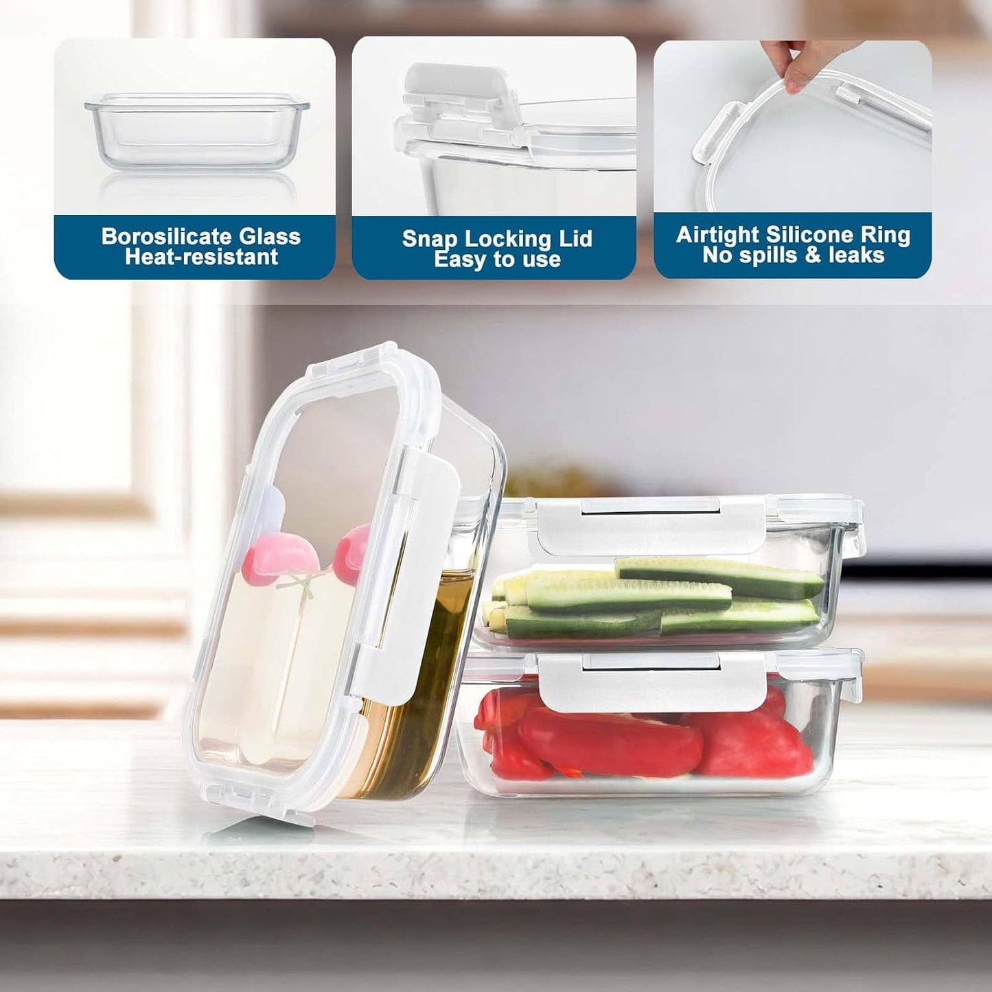 BAYZZ 10 Pack Glass Meal Prep Containers, Glass Food Storage Containers with Lids, Airtight Lunch Box, Freezer,Oven,Microwave and Dishwasher Safe