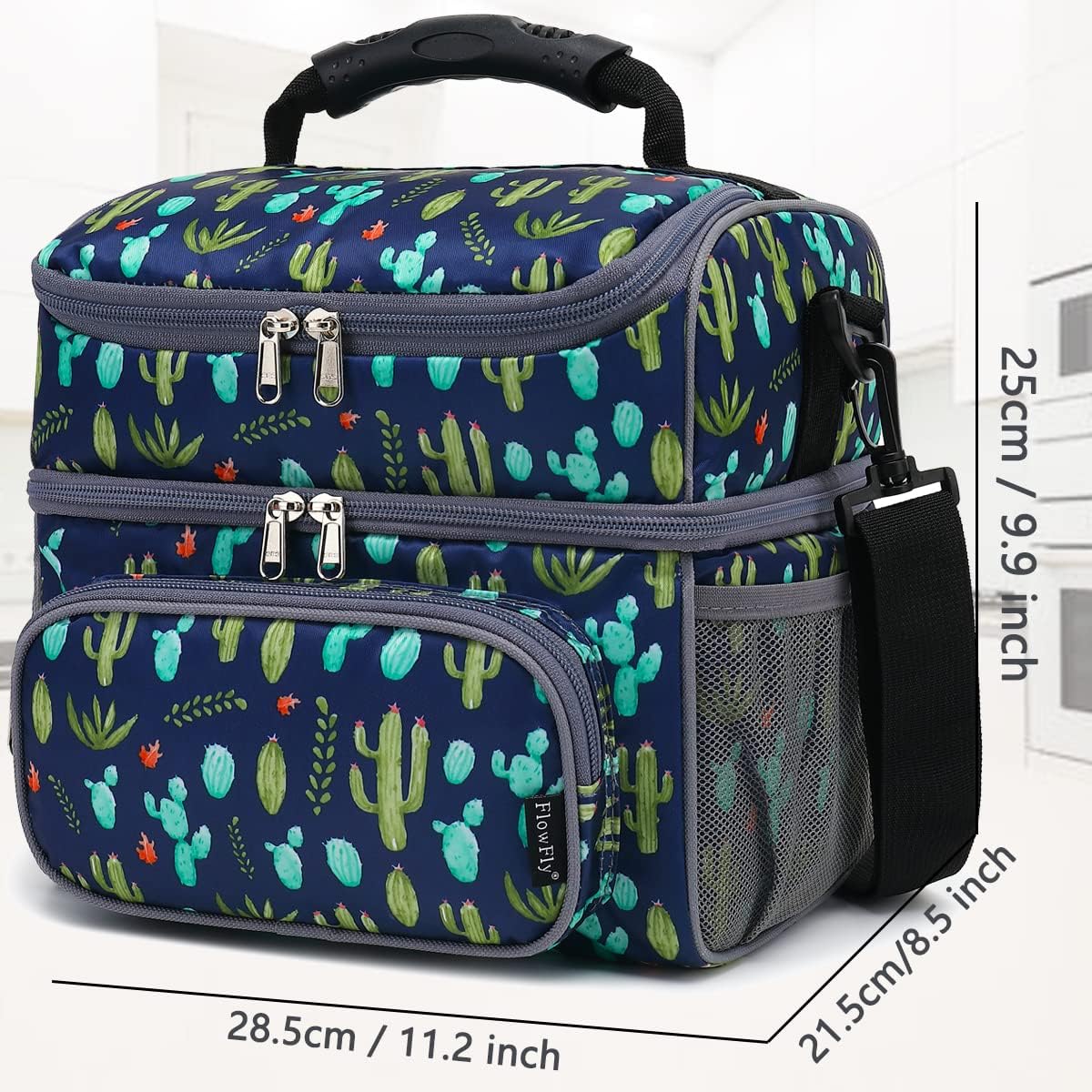 FlowFly Double Layer Cooler Insulated Lunch Bag Adult Lunch Box Large Tote Bag for Men, Women, With Adjustable Strap,Front Pocket and Dual Large Mesh Side Pockets