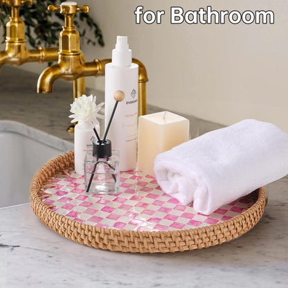 Round Rattan Tray with Mother of Pearl Inlay, Rattan Serving Tray for Coffee, Bread, Fruits, Decorative Wicker Tray for Table Decor, Home Decor, Kitchen Island Decor(Black Checkerboard, 11.8")