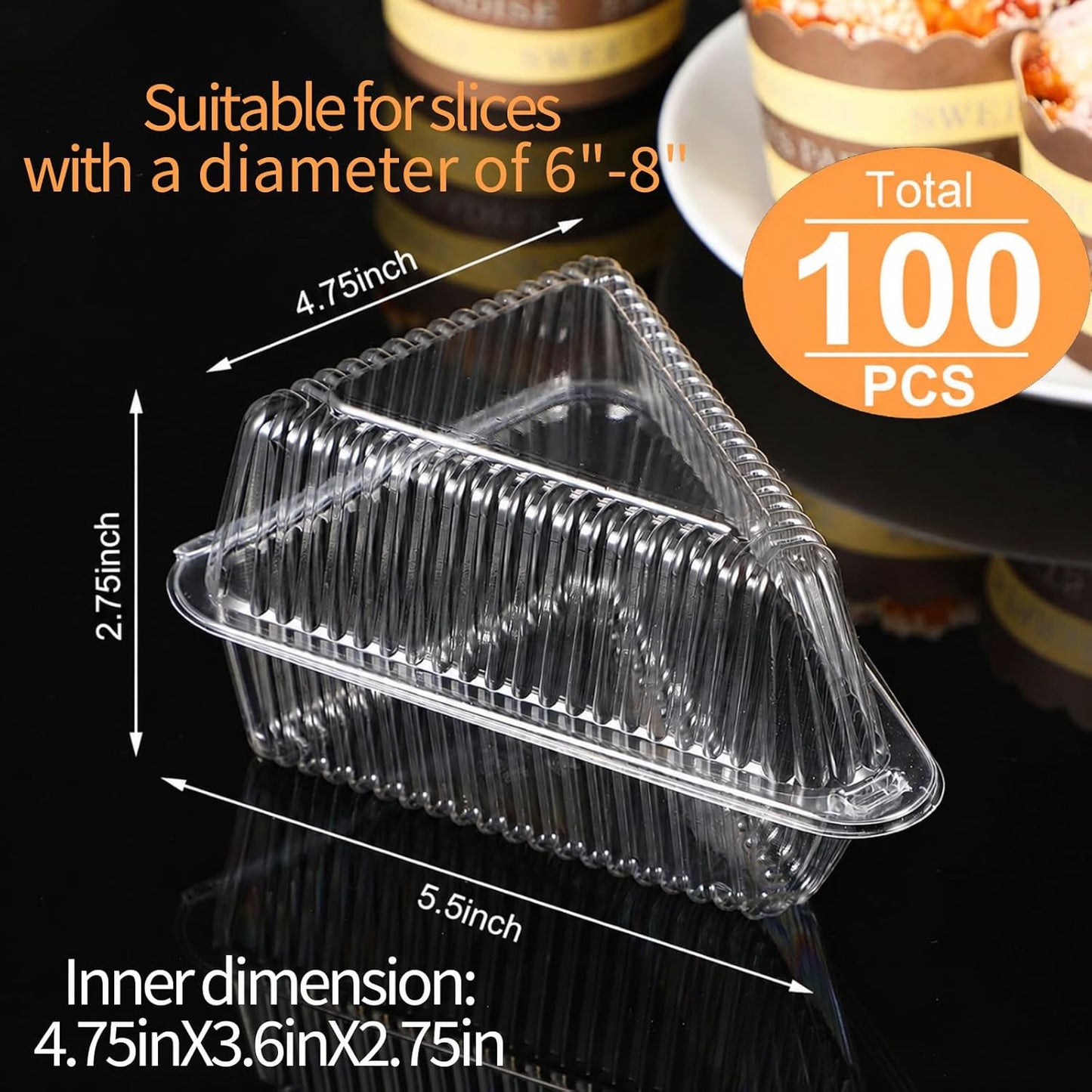 100 Pcs Pie Container with Lid Clear Plastic Medium Dome Hinged Lid Single Slice Container for 6"-8" Diameter Cake or Pie, Dessert, Food Box, Take out Packaging for Home, Bakery and Coffee Business