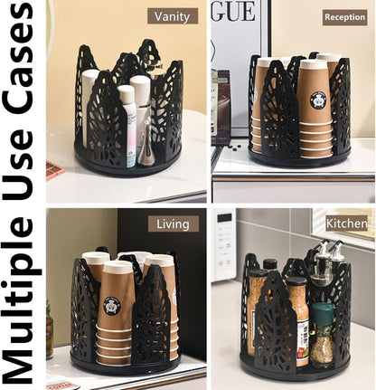 Rotating Paper Cup Dispenser Holder with 4 Compartments, Disposable Coffee Cup Storage & Lid Holder for Countertops, Kitchen, Coffee Stations (White)