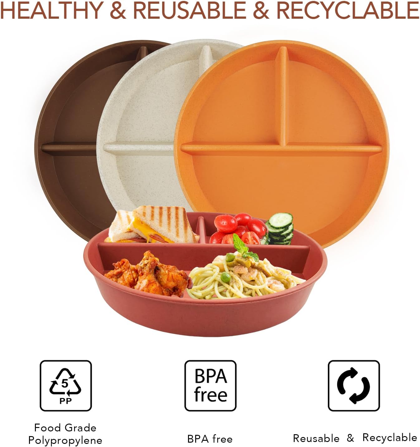 greenandlife 9 Inch 4PCS Portion Control Plates with Lids, Divided Plates for Kids Adults, Dishwasher Microwave Safe Compartment Plate, Unbreakable Lightweight Reusable Wheat Straw Plate, Earth Tone