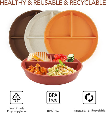 greenandlife 9 Inch 4PCS Portion Control Plates with Lids, Divided Plates for Kids Adults, Dishwasher Microwave Safe Compartment Plate, Unbreakable Lightweight Reusable Wheat Straw Plate, Earth Tone