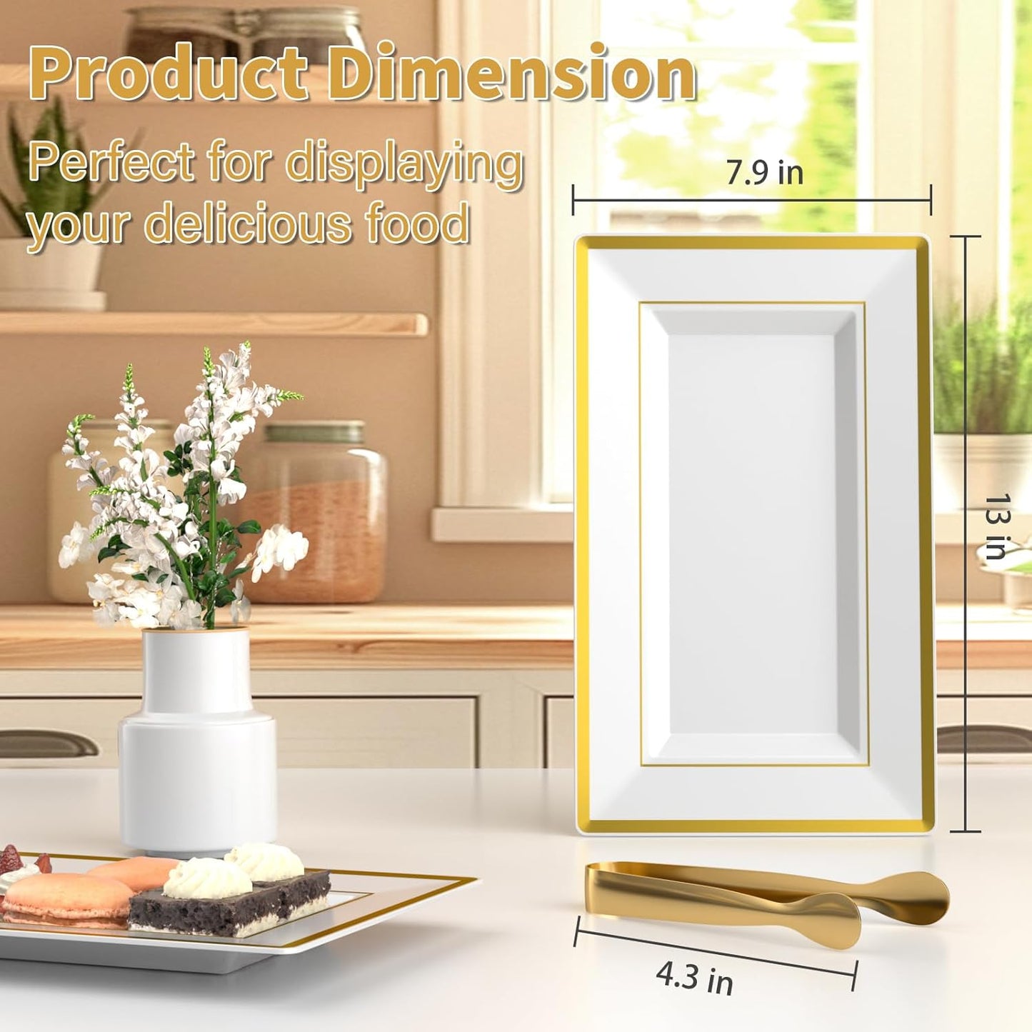 6 Sets Plastic Serving Trays with Serving Tongs, White & Gold Rim Disposable Plastic Serving Platters for Food Fruit Dessert Tea Party Wedding