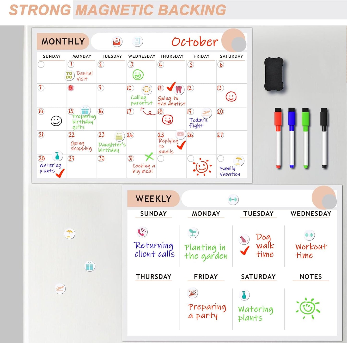 ARVOK 2 Pack A3 Magnetic Calendar for Refrigerator - 16.5"x11.6" Reusable Weekly & Monthly Planner Dry Erase Fridge Calendar Whiteboard with 4 Markers, 16 Magnets & Eraser for Family Schedule, Meal Menu, To-Do List