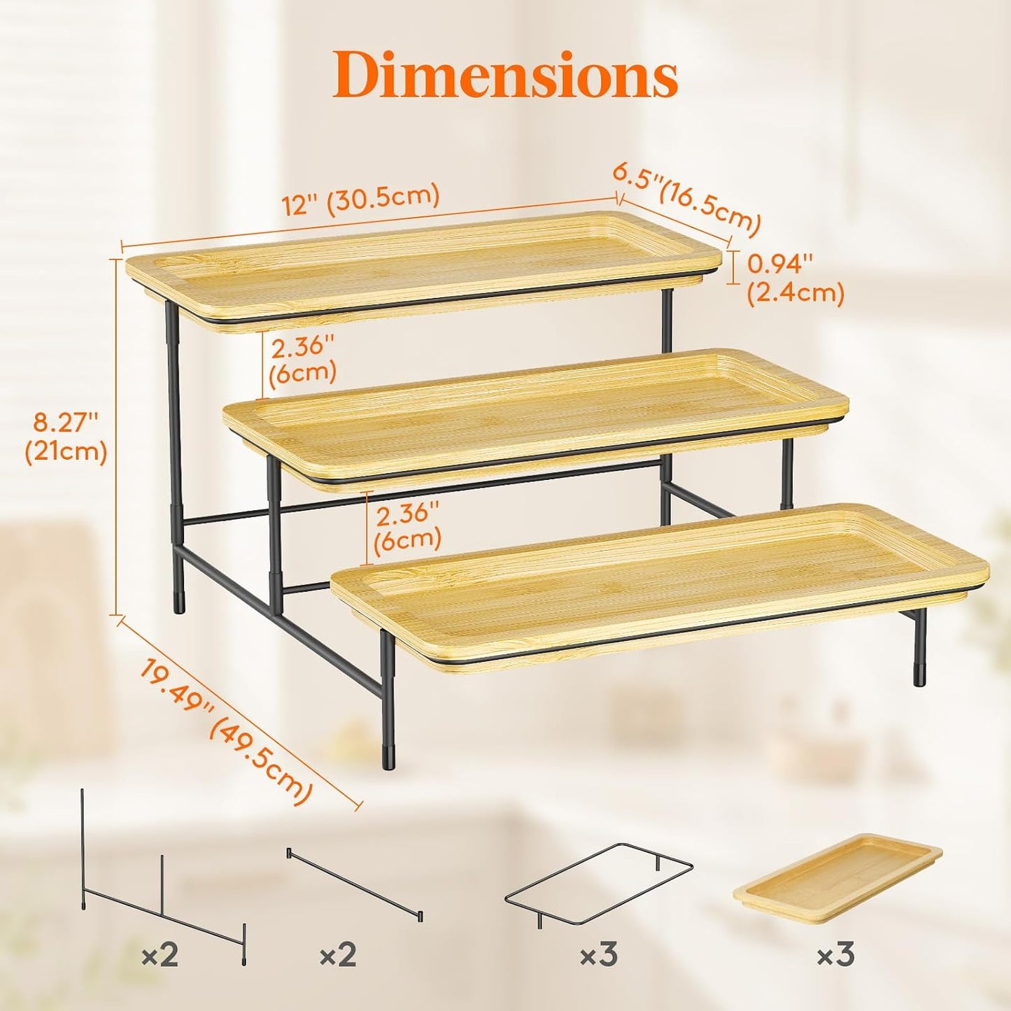 Lifewit 3 Tier Bamboo Serving Tray for Party Supplies, 30 x 17 cm/12" x 6.5" Platters for Serving Food, Reusable Trays with Gold Metal Display Stand for Veggie, Fruit, Cookies, Dessert
