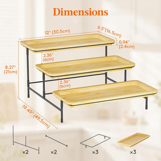 Lifewit 3 Tier Bamboo Serving Tray for Party Supplies, 30 x 17 cm/12" x 6.5" Platters for Serving Food, Reusable Trays with Gold Metal Display Stand for Veggie, Fruit, Cookies, Dessert