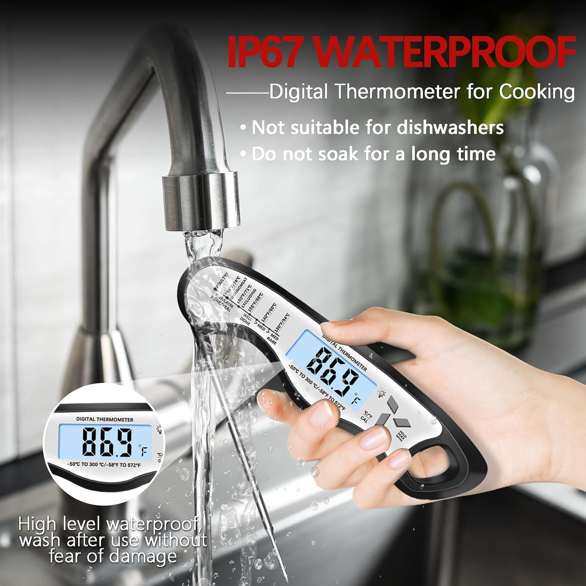 Cooking Thermometer，IP67 Waterproof Meat Thermometer Digital