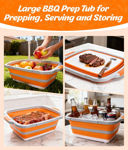 Collapsible Large BBQ Prep Tub & BBQ Resting Bag, Portable Smoking BBQ Blanket Prep Bucket for Resting Meat, Meal Prep, Marinating, 3in1 Foldable Meat Prep Tub Cutting Board with Locking Lid