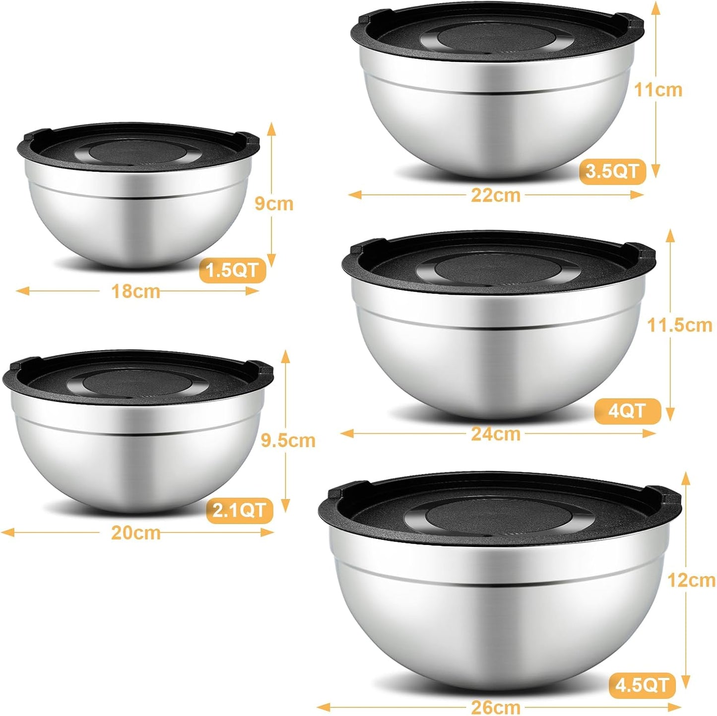 Hunnycook 7 Piece Mixing Bowls with Lids Set - Mixing Bowls Stainless Steel Bowls for Kitchen Baking, Size 0.7, 1.1, 1.5, 2.1, 3.5, 4, 4.5QT, Baking Bowl for Food Preparation, Mixing and Serving Foods