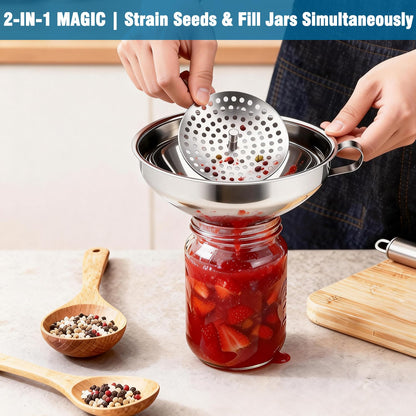 3-Piece Canning Funnel Set with Mesh Strainer - Wide & Regular Mouth Mason Jar Funnels (Large & Small) - for Kitchen, Jam, Spices, Flour & DIY - Stainless Steel