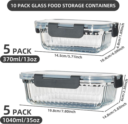 10 Pack Glass Meal Prep Containers, Food Storage Container Set with Snap Locking Lids, Airtight Lunch Boxes for Kitchen, Microwave, Oven, Freezer, and Dishwasher Safe (Multicolored)
