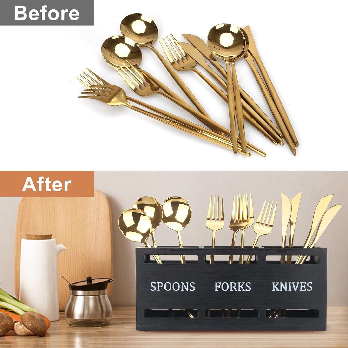 Wooden Silverware Cutlery Holder White Flatware Caddy Small Kitchen Utensil Holders for Party Wood Silverware Organizer Storage for Table Countertop Spoon and Fork Holder Utensils Caddy Basket