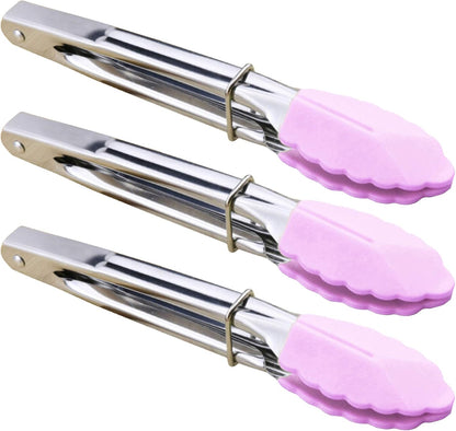 HINMAY Mini Stainless Steel Food Tongs with Silding Rings 7-Inch, Set of 6 | Small Clam Shell Service Tongs for Serving Appetizers, Desserts, Salads, Barbecue and Cooking (Silver)
