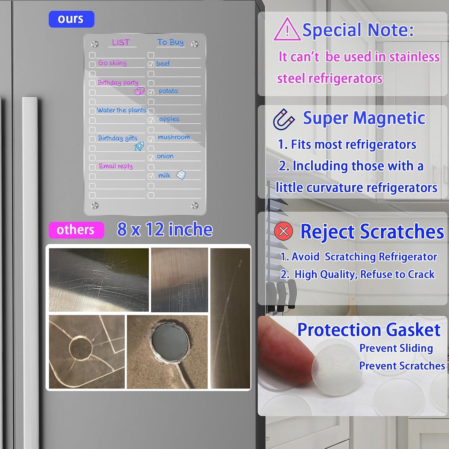 JonXon 8"X12" Acrylic Magnetic Menu Board for Kitchen,Acrylic Weekly Calendar for Fridge,Clear Meal Planner for Refrigerator,Magnet Fridge Menu Planner with 6 Magnetic Erasable Markers