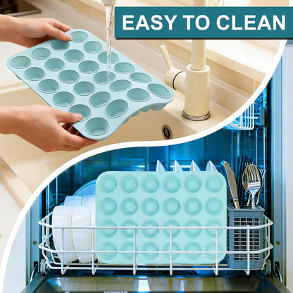 CAKETIME Silicone Mini Muffin Pan, 24 Cups Nonstick Mini Cupcake Pan for Baking Muffin, Cupcake, Egg Bites, Fat Bomb, Light Blue