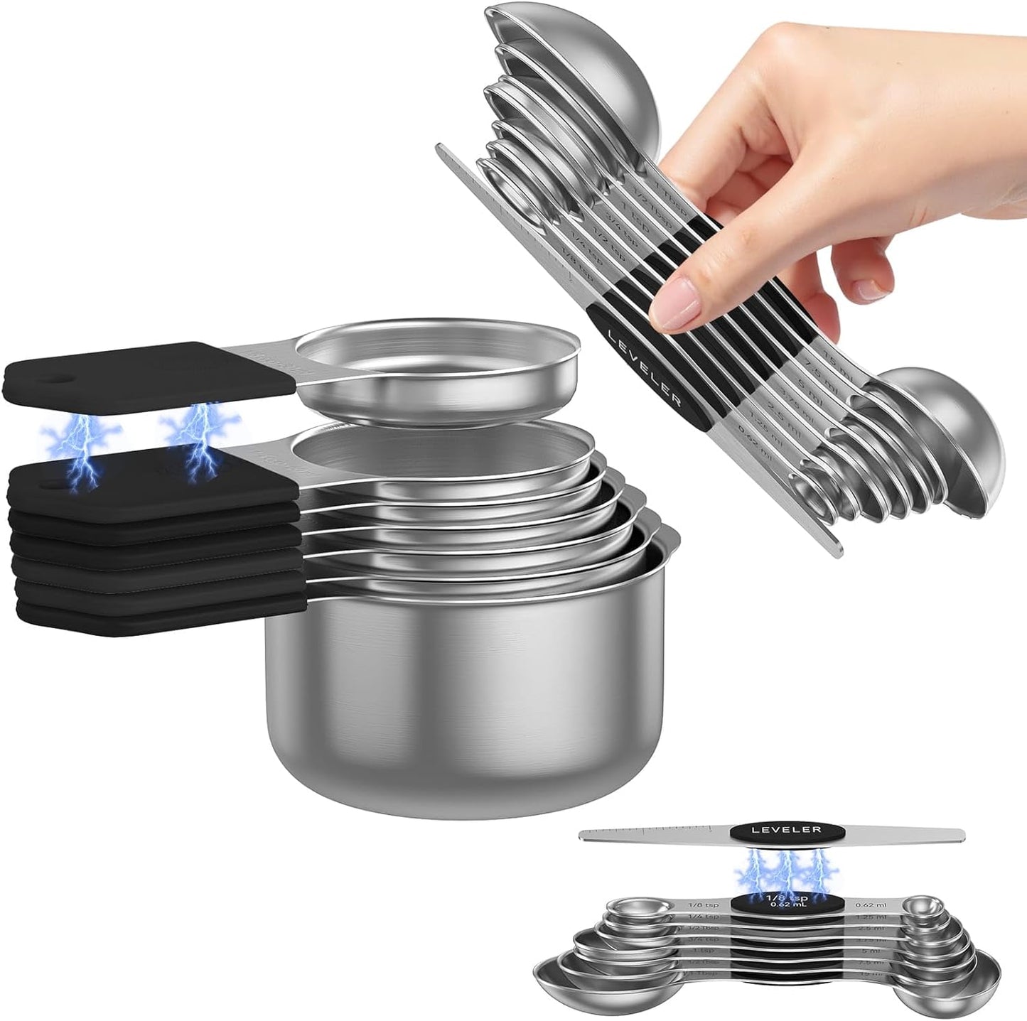 Magnetic Measuring Cups and Spoons Set – 304 Stainless Steel | Dual-sided Design | 15-Piece with Leveler | N52 Space-Saving Magnetic Nesting | Baking & Meal Prep | Kitchen Gift (Black)