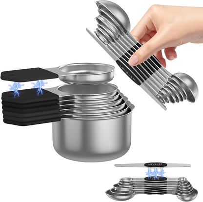 Magnetic Measuring Cups and Spoons Set – 304 Stainless Steel | Dual-sided Design | 15-Piece with Leveler | N52 Space-Saving Magnetic Nesting | Baking & Meal Prep | Kitchen Gift (Black)
