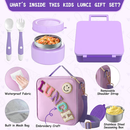 Aimsnk Kids Bento Lunch Box with 8oz Soup Thermo, Kids Leakproof Lunch Food Containers with 4 Compartment,Insulated Hot Food Jar with Lunch Bag for School, Travel (Pink)