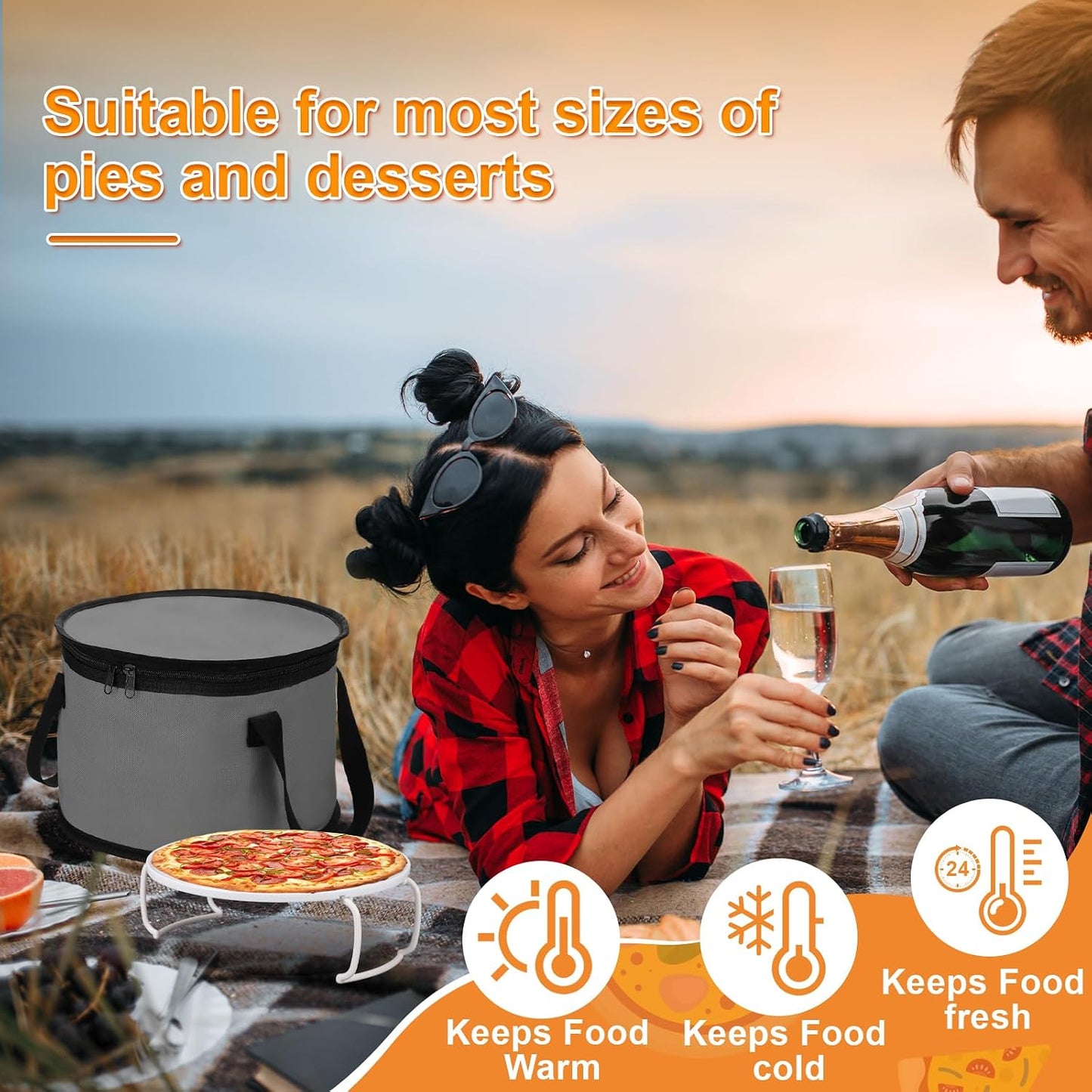 Yaomiao 2 Set Round Pie Carrier 11 x 7 Inch with Dish Tray Plate Stacker Insulated Casserole Carrier with Lid and Handle Reusable Cooler Thermal Bag for Cold Food for Potluck Picnic (Black and Purple)