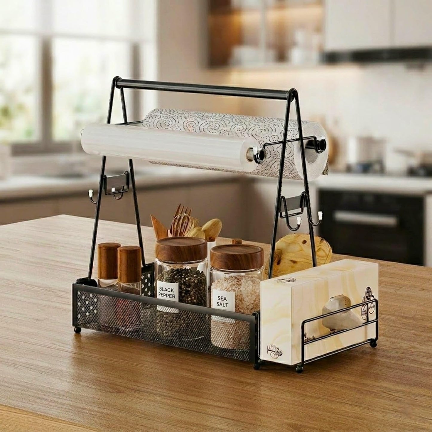 Grill caddy, BBQ Caddy Organizer with Paper Towel Holder, Black Metal Grill Accessory Rack, Kitchen Condiment Storage Basket with Utensil Holder