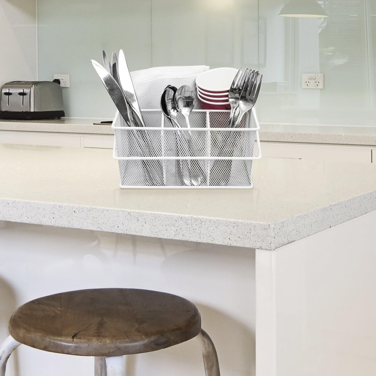 Sorbus® Utensil Caddy — Silverware, Napkin Holder, and Condiment Organizer — Multi-Purpose Steel Mesh Caddy—Ideal for Kitchen, Dining, Entertaining, Tailgating, Picnics, and much more (White)