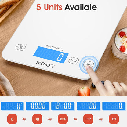 KOIOS 33lb Kitchen Scale 0.1oz Precision,Batteries & USB-C Charging(White)