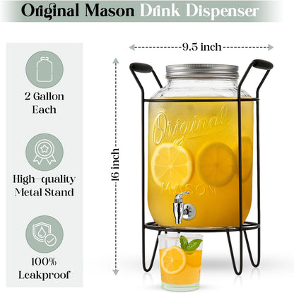 3 Gallon Classic Ice Cold Clear Glass Mason Jug Drink Beverage Dispenser Durable On Galvanized Stand With Leak Free Spigot-Easy Filling For Outdoor, Parties & Daily Use Lid