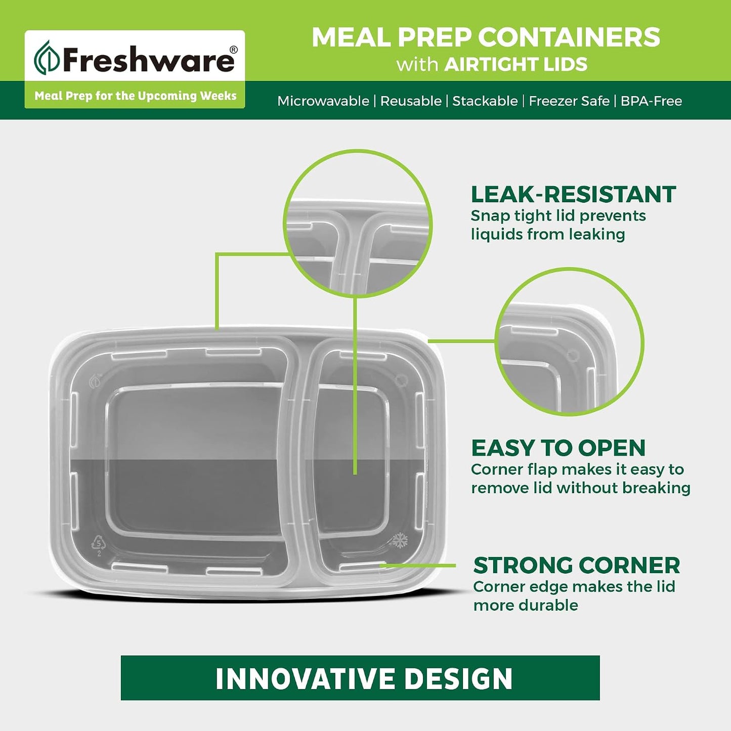 Freshware Meal Prep Containers [25 Pack] 2 Compartment with Lids, Food Storage Containers, Bento Box, BPA Free, Stackable, Microwave/Dishwasher/Freezer Safe (28 oz), Grey