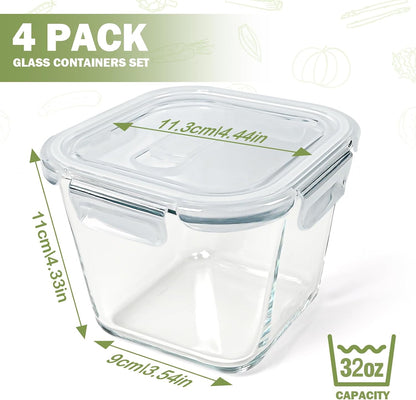 Glass Soup Containers with Lids 32oz - Borosilicate Glass Storage Containers 4 Cup, Freezer to Microwave Safe, Airtight Leak Proof, Square Meal Prep Containers for Lunch Travel- 6 Pack