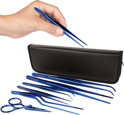 O'Creme Set of Culinary Tweezer Tongs Offset, Straight and Curved, Plus Super Sharp Chef Scissors, Total 6 Pieces (Rose Gold)