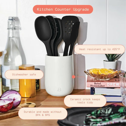 6 Piece Silicone Kitchen Utensil Set with Holder, Heat Resistant Cooking Tools, Nonstick Safe Spatula Spoon Turner Set with Ceramic Storage Crock