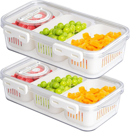 2Pack Poratble Bacon Storage Container for Fridge Divided Snackle Box Charcuterie Container 4 Compartment Serving Veggie Tray with Lid Portable Travel Fruit Caddy for Cheese,Candy,Nuts,Salad