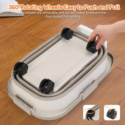 Beyoung 25-28lbs Airtight Dog Food Storage Containers with Wheels and Lids, Collapsible Pet Food Storage Bins with Handle, 50lb Rice Storage Bucket with Scoop, Dry Food Storage Bins (Khaki)